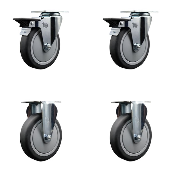 5'' Thermo Rubber Wheel Swivel Top Plate Caster Set with 2 Posi Brakes 2 Rigid, 4PK